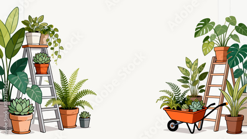 Indoor plants on ladders and in wheelbarrow