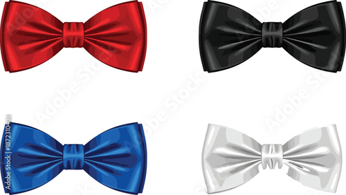 Shiny bow tie set in red black blue and white colors isolated on white background elegant fashion vector illustration