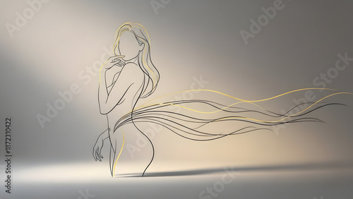 Elegant Golden Outline of a Woman with Flowing Hair, Artistic Line Drawing