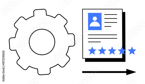 Gear symbol alongside a user profile document with star ratings and arrow indicating progress. Ideal for user feedback, performance tracking, system optimization, business reviews, automation