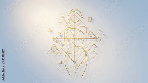 Golden geometric woman silhouette with abstract shapes and light effect