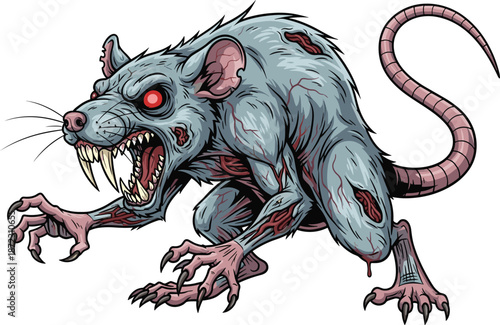 Terrifying zombie rat monster illustration, angry mutant rodent character, horror cartoon creature, isolated on white background, Halloween concept design art