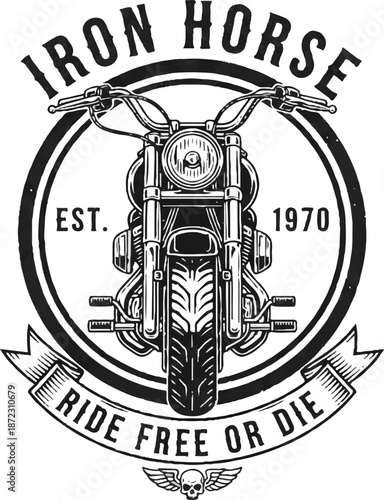 A logo features a motorcycle centered within a circular design. The text includes Iron Horse and Ride Free or Die with the year 1970. The design includes a skull and banner.