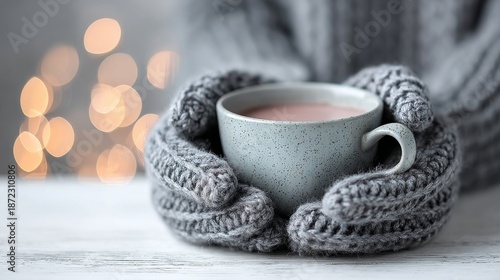 Wallpaper Mural A pair of hands in a cozy sweater hold a dark ceramic mug of steaming tea or coffee, positioned before a gentle bokeh background that creates a warm fall or winter feel Torontodigital.ca