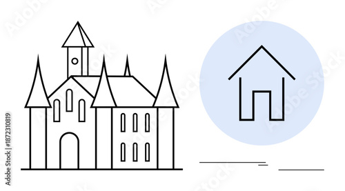 Detailed castle with sharp spires next to minimal house outline in a blue circle. Ideal for architecture, contrast, simplicity, modernity, design comparison, concepts of home vs. grandeur, simple