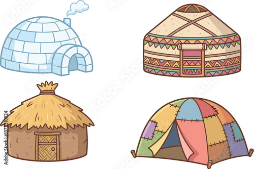Cute cartoon traditional shelters set with igloo yurt straw hut and colorful tent illustration for kids education design