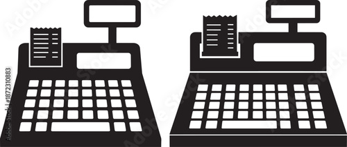 Cash register silhouette icons for retail and point of sale concepts. Electronic payment machine with receipt symbol for shopping and business services.