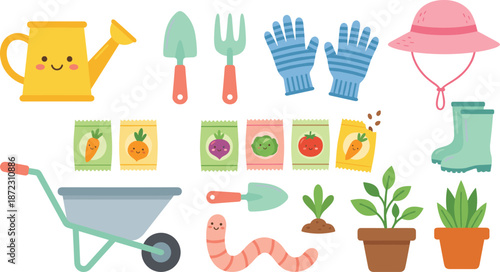 Cute gardening tools and supplies illustration set with plants, seeds, gloves, wheelbarrow, watering can for kids education