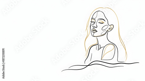 Minimalist Line Art Portrait of a Woman with Gold Accents, Elegant Abstract Face Drawing