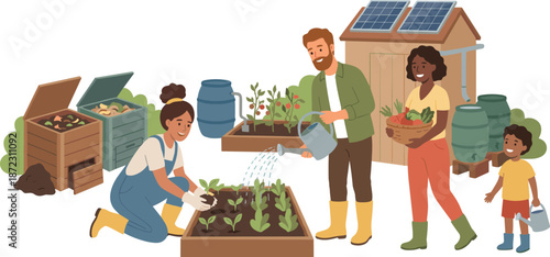 Happy family gardening together with sustainable lifestyle, urban farming, solar powered home, composting, rainwater harvesting, eco friendly illustration