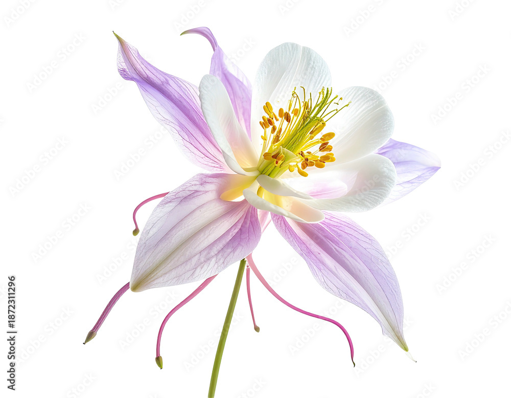 Fototapeta premium Delicate Columbine flower with white and lavender petals, isolated on a transparent background