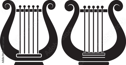 Ancient Greek lyre musical instrument silhouette icons. Classical stringed harp symbol for music, poetry, mythology, and art concepts.