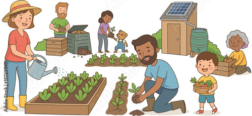 Community gardening illustration showing diverse families planting vegetables together, promoting sustainability, urban farming, renewable energy, and eco-friendly healthy lifestyle