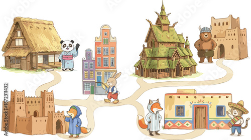 Whimsical illustrated fantasy village map with cute animal characters, fairytale houses, winding paths and colorful storybook style architecture
