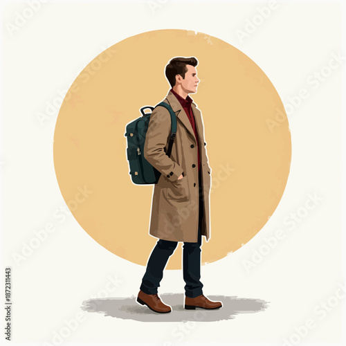 Young man walking confidently in a coat with backpack on beige background  