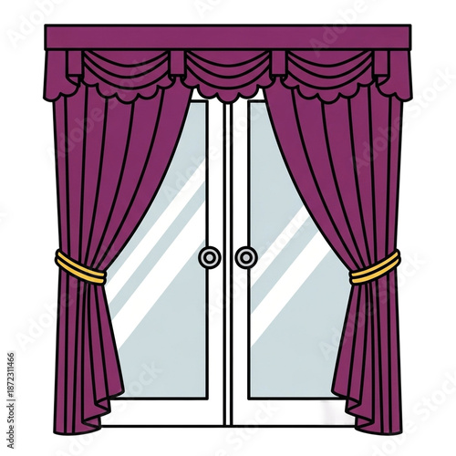Purple curtains open on white French doors isolated on transparent background