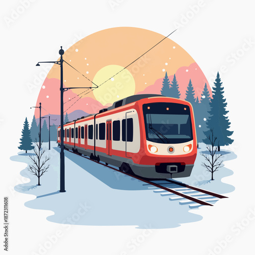 Modern train traveling through snowy landscape at sunset, concept of winter travel  