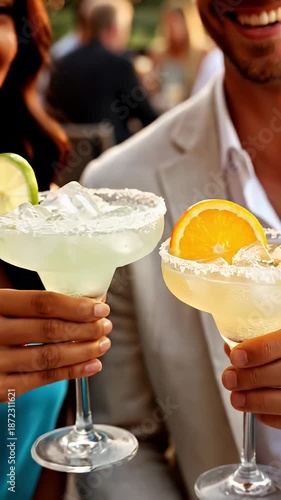 Couple Toasting with Margaritas - A couple is toasting with two colorful margaritas, one lime and one orange flavored.