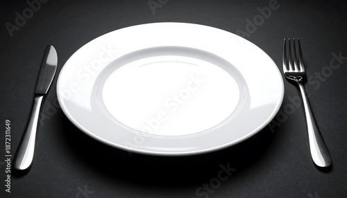 Empty White Plate with Fork and Knife on Dark Background.