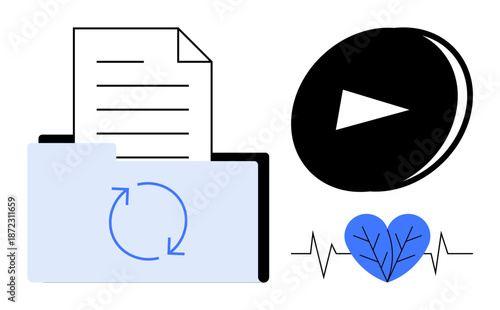 Digital storage, technology, health monitoring, file management, data syncing, and multimedia tools. Folder with a file, play button and heart illustration with heartbeat line. Data syncing