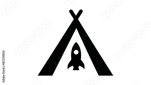 Minimalist camping and space exploration icon. Stylized tent with a rocket ship inside, symbolizing adventure, imagination, and travel.