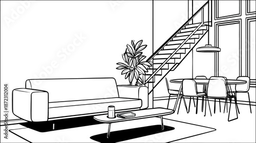 Sleek Black and White Line Art Illustration of a Modern Open-Plan Home Interior with Living Room, Dining Area, and Staircase
