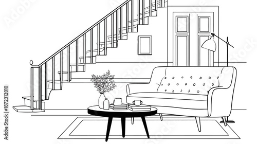 Elegant black and white line art illustration of a modern home interior with a stylish living room sofa, coffee table, and staircase.