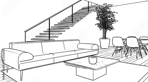 Minimalist living room line art illustration with contemporary furniture, staircase, and home interior concept.