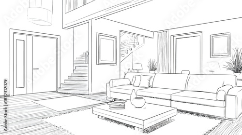 Modern living room interior sketch illustration, hand drawn line art of a contemporary home, architectural design drawing