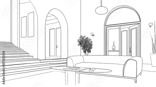 Elegant Contemporary Living Room Interior Line Art. Architectural Outline Drawing of a Modern Home Space with Sofa, Coffee Table, Arches.