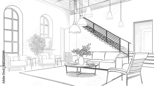 Modern Loft Living Room Interior Design Architectural Sketch Line Art Illustration with Staircase and Contemporary Furniture