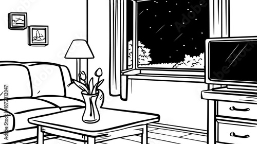 Cozy living room interior at night with starry sky view from window. Hand-drawn black and white sketch illustration of a domestic space.