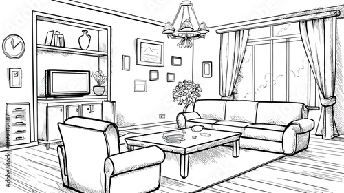Detailed black and white line art illustration of a cozy living room interior with sofa, armchair, coffee table, and TV
