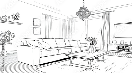 Detailed line art illustration of a modern living room interior featuring a comfortable sofa, coffee table, chandelier, and home decor elements.