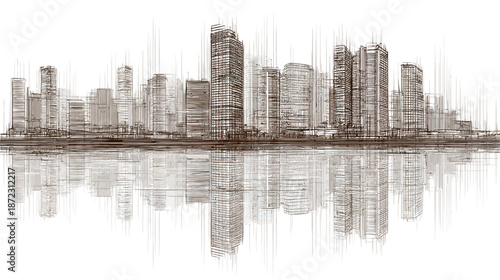 Artistic sketch of a modern city skyline with tall buildings and reflection, urban architectural drawing in sepia tones