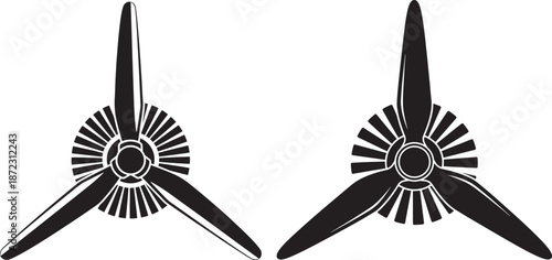 Airplane propeller and radial engine silhouette icons. Vintage aviation propulsion system symbol for aircraft, aerospace, and engineering concepts.