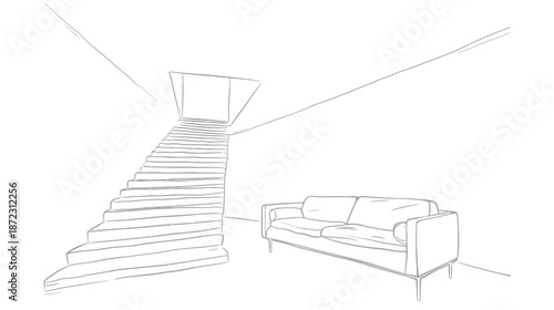 Architectural line art drawing of a modern interior space featuring a grand staircase and contemporary sofa, conceptual design sketch.