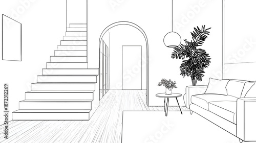 Modern living room interior design sketch with stairs, sofa, and houseplant. Black and white architectural line art illustration.
