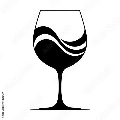 wine glass silhouette with swirling liquid design in black and white, elegant and modern style