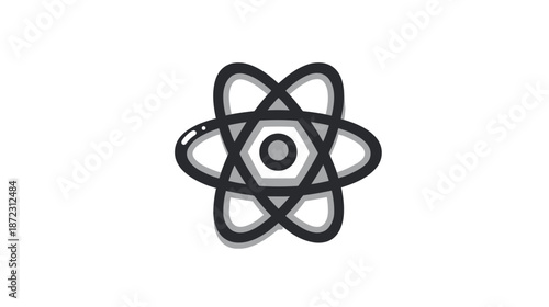 Black and white stylized atomic structure icon representing science, physics, chemistry, technology, and molecular research concepts.