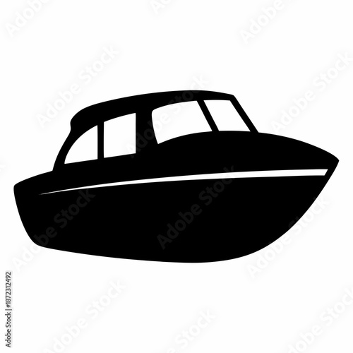 Black silhouette of a small motor boat on a white background.