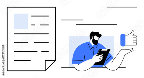 Business management, customer feedback, evaluation, approval process, professional services, document verification. Sheet with text, man with clipboard thumbs up gesture. Business management