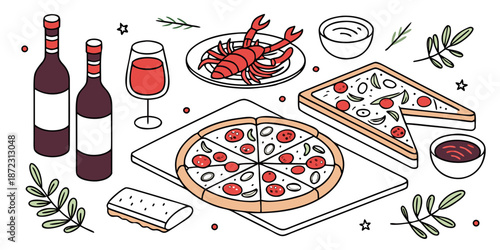 "Italian-Inspired Food Spread Illustration Featuring Pizza, Lobster, Wine, and Festive Garnishes"