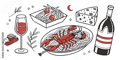 "Elegant Food Illustration Featuring Lobster Pasta, Wine, Sushi, and Cheese with Artistic Accents"
