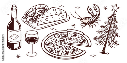 "Monochrome Festive Food Illustration Featuring Pizza, Lobster, Wine, Shrimp, Cheese, and Christmas Tree"