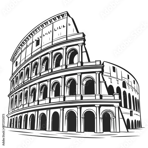 Ancient Rome Colosseum Amphitheater Vector Illustration in Black and White Monochrome