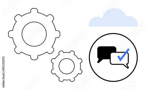 Two interconnected gears, chat bubbles with checkmark, and a cloud icon symbolizing teamwork, communication, productivity, task completion, process automation, cloud solutions, and innovation in