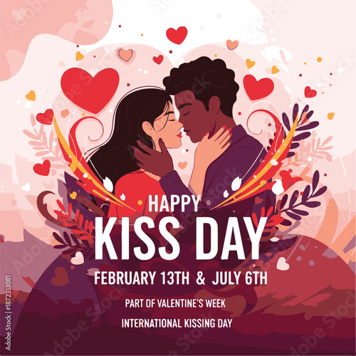 Happy Kiss Day Greeting Card with Romantic Interracial Couple Embracing