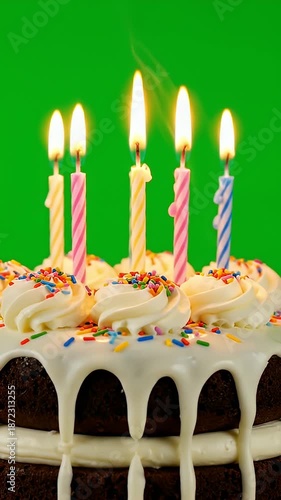 Birthday Cake with Candles on Green Screen - A delicious two-layer chocolate birthday cake is adorned with white icing, colorful sprinkles, and five lit candles.