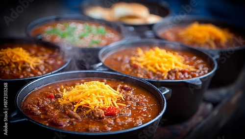 A series of chili‑filled crockpots line a bright striped cloth, their bean and meat stew crowned with shredded cheese, suggesting an outdoor food competition or casual gathering